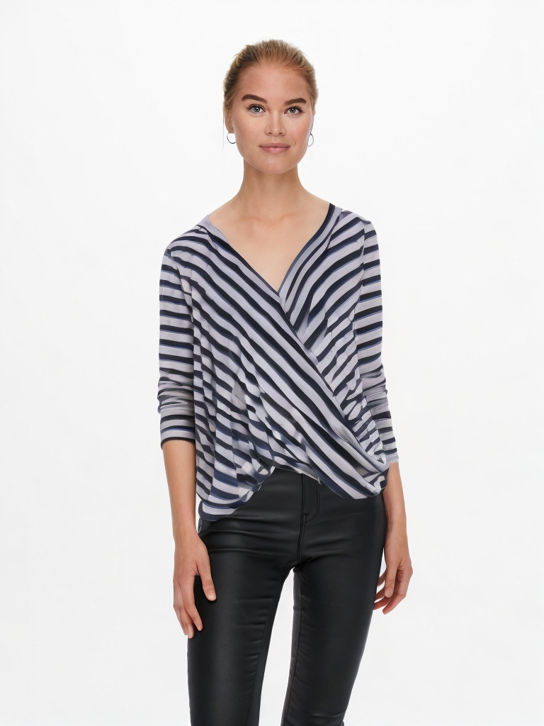 HEIDI L/S WRAP TOP in Blue, Black Striped